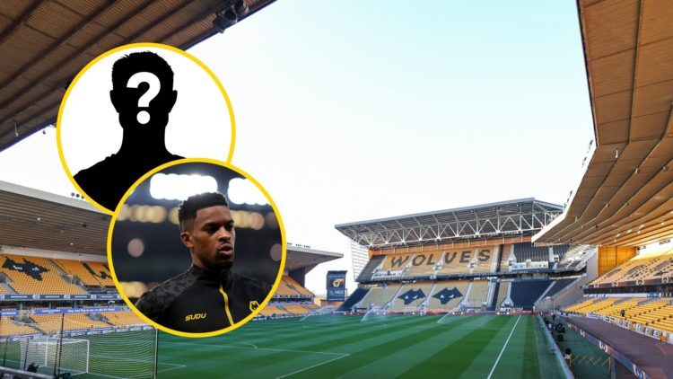 A general view of Molineux (central), Nelson Semedo in Wolves training gear (lower inset), mystery player (upper inset)