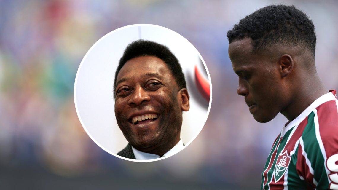 An image of Fluminense's Jhon Arias with an inset of Pele