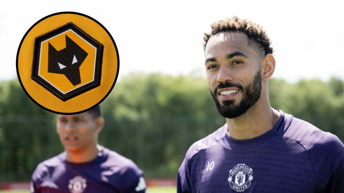 Matheus Cunha in Manchester United training (right), Wolves badge (inset)