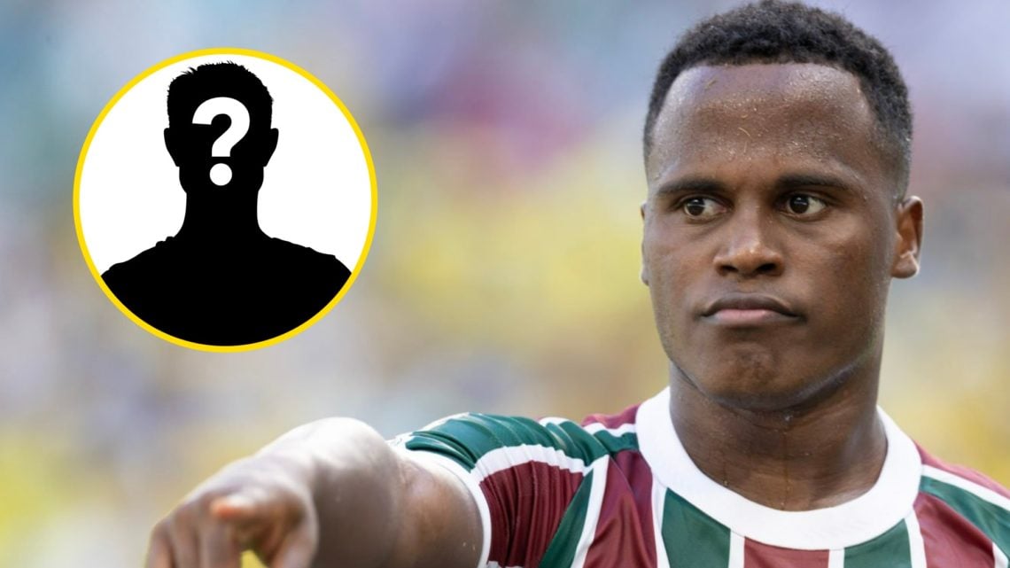 Jhon Arias points while playing for Fluminense (right), mystery player (inset)
