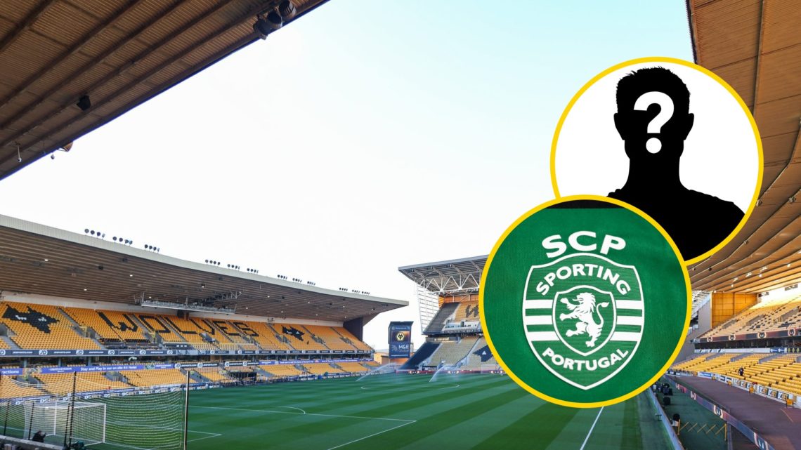 A general view of Molineux (central), Sporting CP badge (lower inset), mystery player (upper inset)