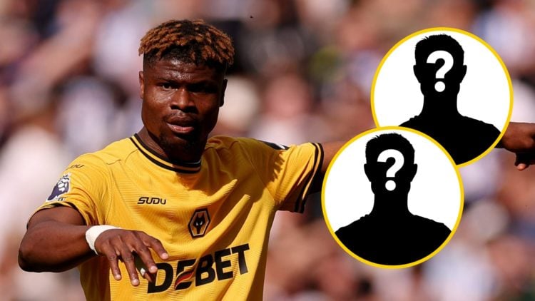 Emmanuel Agbadou points for Wolves (left), mystery player insets (upper and lower)