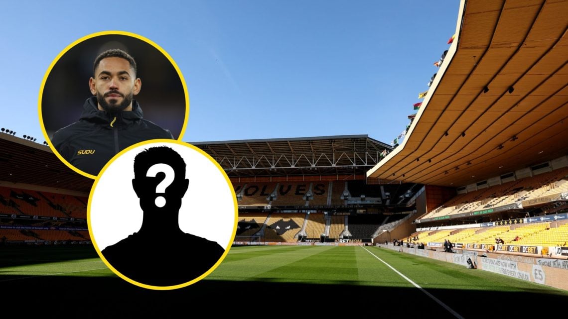 A general view of Molineux (right), Matheus Cunha in a Wolves coat (upper inset), mystery player (lower inset)