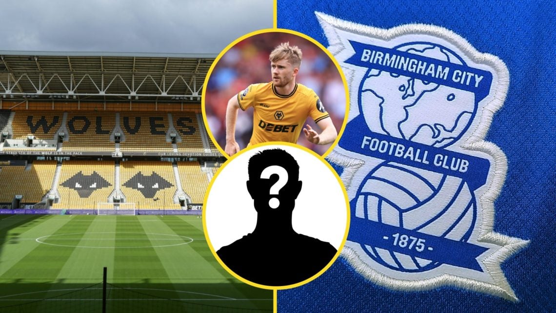 A general view of Molineux (left), Birmingham City badge (right), mystery player (lower inset), Tommy Doyle playing for Wolves (upper inset)