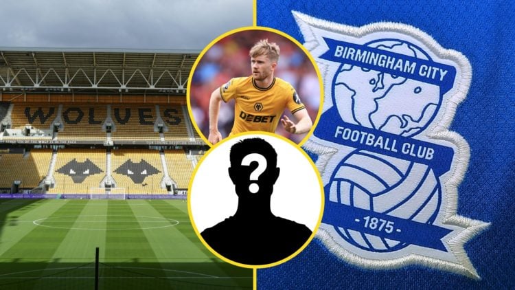 A general view of Molineux (left), Birmingham City badge (right), mystery player (lower inset), Tommy Doyle playing for Wolves (upper inset)