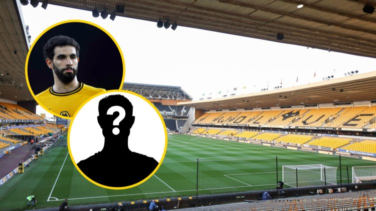 A general view of Molineux (right), Rayan Ait-Nouri playing for Wolves (upper inset), mystery player (lower inset)