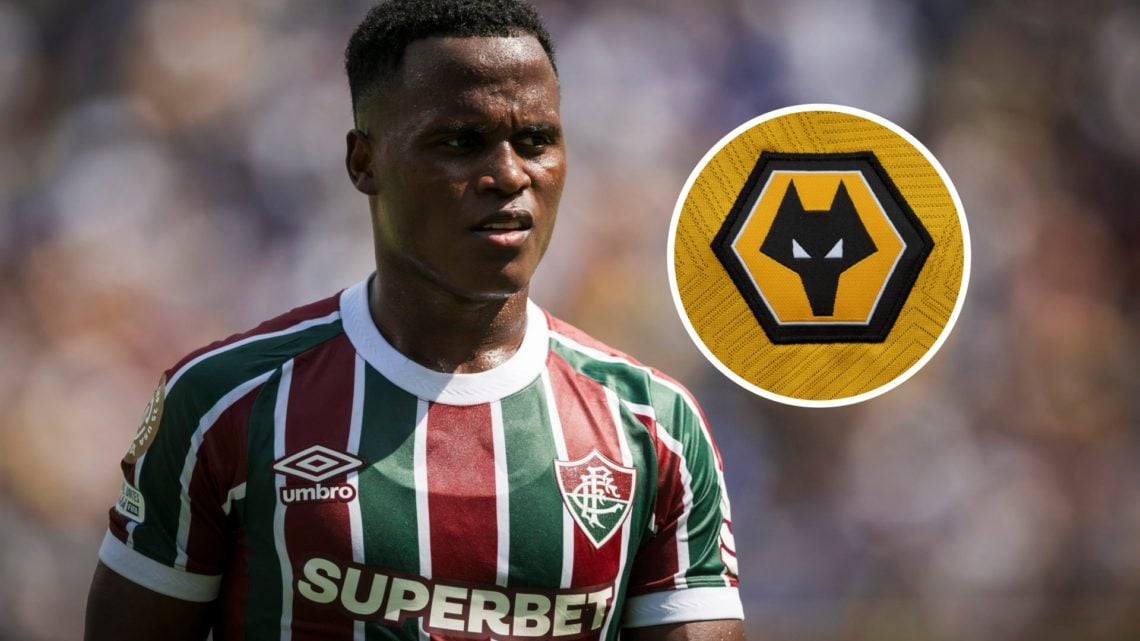 An image of Jhon Arias with an inset of the Wolves badge