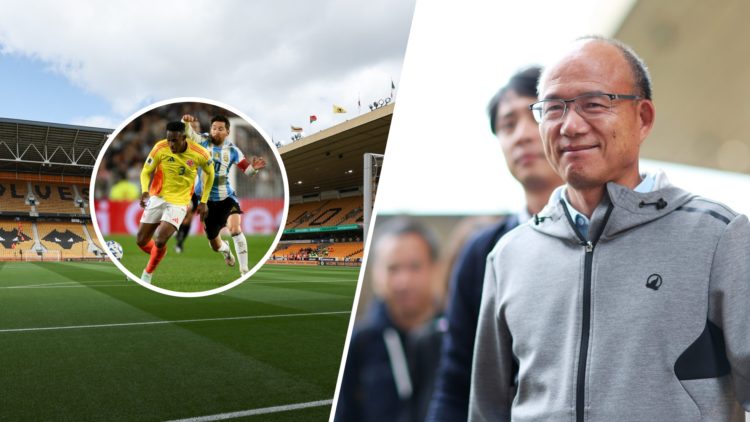 A split image of Molineux and Fosun with an inset of Jhon Lucumi