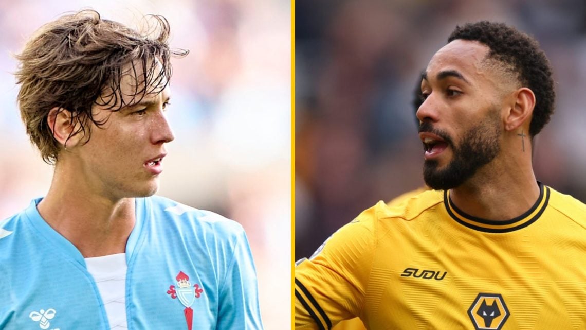 Split image of (L) Fer Lopez during the La Liga EA Sports match between RC Celta de Vigo and Rayo Vallecano de Madrid and (R) Matheus Cunha during ...