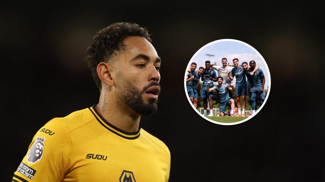 An image of Matheus Cunha with an inset of Andre surrounded by Wolves teammates