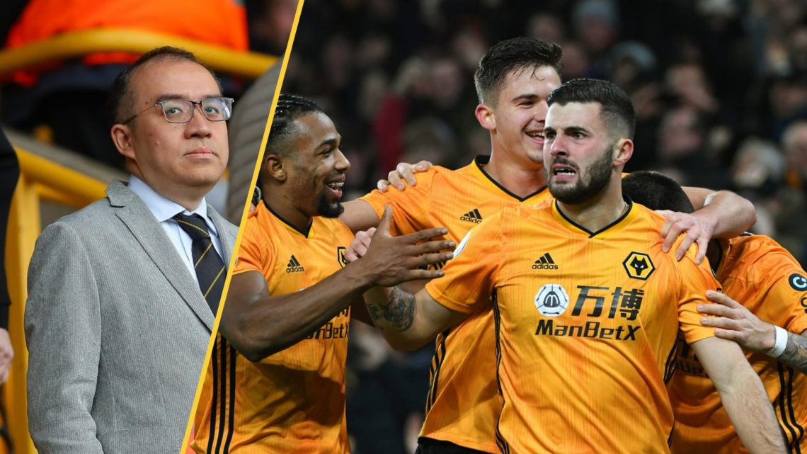 Wolves chairman Jeff Shi at Molineux (left), Patrick Cutrone and Wolves teammates celebrating (right)