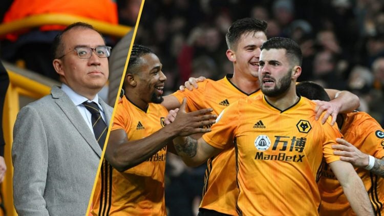 Wolves chairman Jeff Shi at Molineux (left), Patrick Cutrone and Wolves teammates celebrating (right)