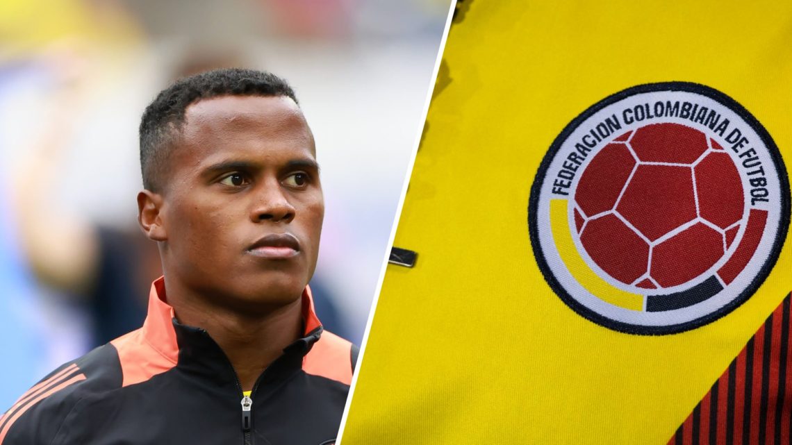 A split image of Jhon Arias and the Colombian badge