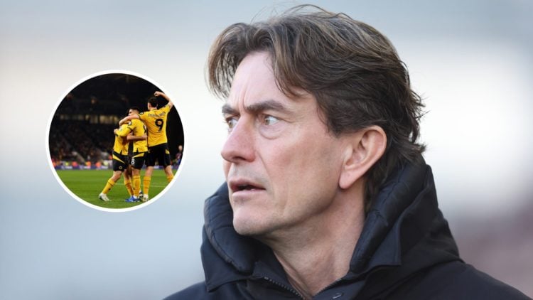 An image of Thomas Frank with an inset of Joao Gomes surrounded by Wolves teammates