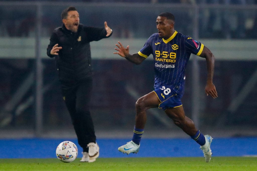 Jackson Tchatchoua of Verona in actio during the Serie A match between Verona and Venezia at Stadio Marcantonio Bentegodi