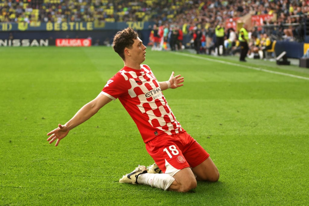 Ladislav Krejci of Girona FC celebrates scoring his team's second goal against Villarreal.