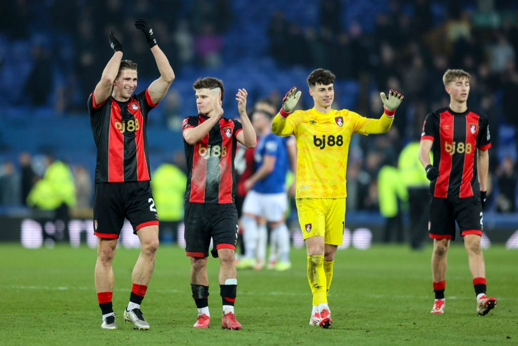 Illia Zabarnyi, Milos Kerkez, Kepa Arrizabalaga and Dean Huijsenof Bournemouth after their sides 2-0 win during the Emirates FA Cup Fourth Round match between Everton and AFC Bournemouth at Goodison Park