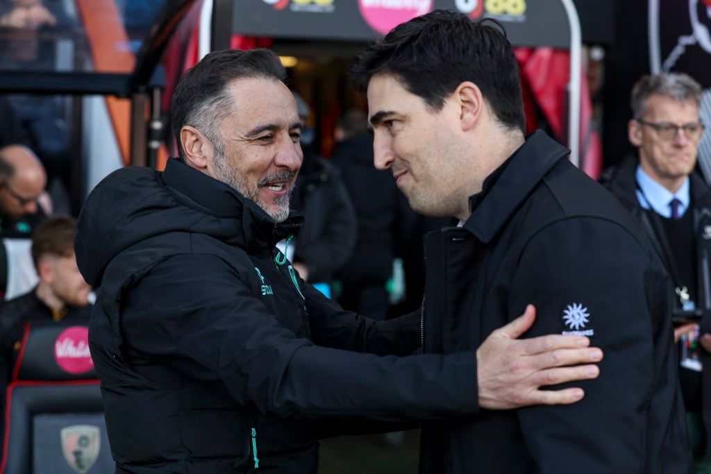 Coaches Vitor Pereira with Andoni Iraola of Bournemouth during the Premier League match between AFC Bournemouth and Wolverhampton Wanderers FC