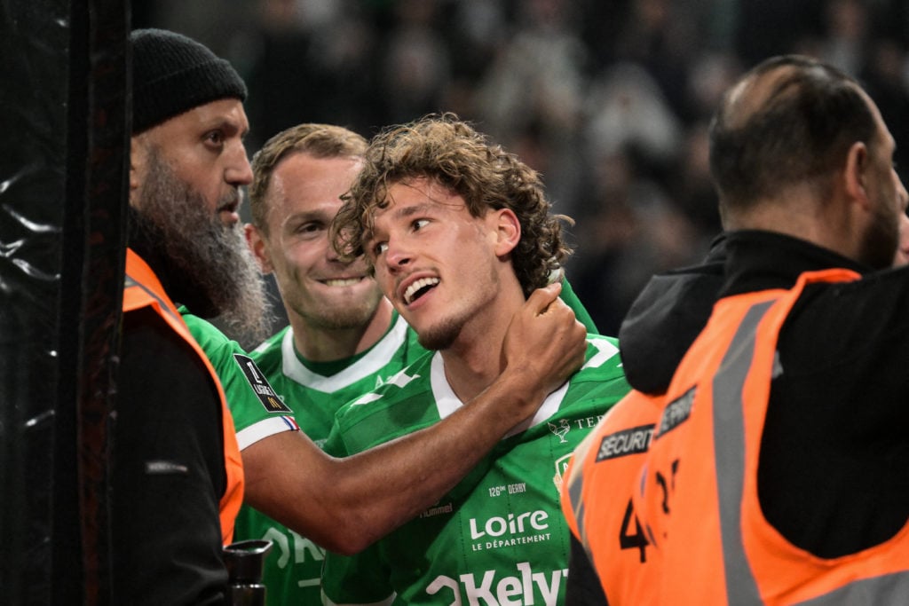 Lucas Stassin celebrates after scoring for Saint-Etienne.