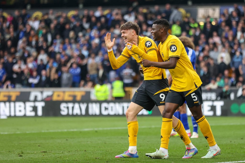 Jorgen Strand Larsen celebrating goal against Leicester City in the 2024/2025 Premier League with teammate Marshall Munetsi