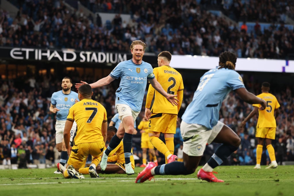 De Bruyne of Manchester City celebrates scoring his team's first goal during the Premier League match between Manchester City FC and Wolverhampton Wanderers FC