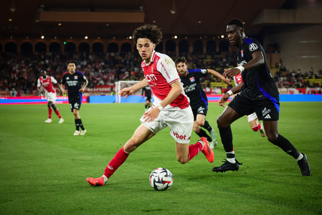 Maghnes Akliouche dribbles with the ball for AS Monaco.
