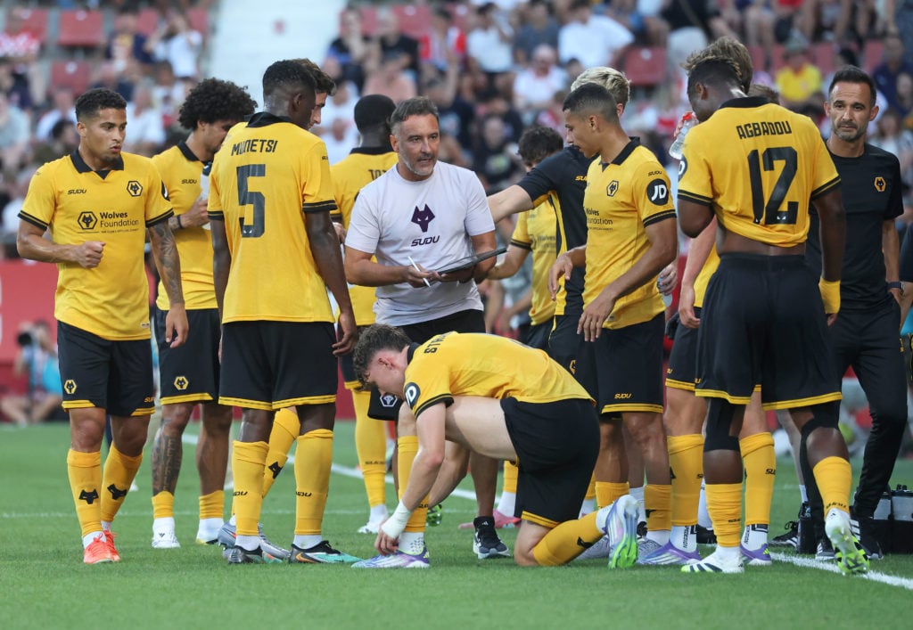 Vitor Pereira gives instructions to his Wolves players.