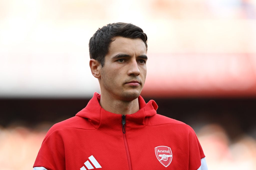Jakub Kiwior of Arsenal looks on prior to the pre-season friendly match between Arsenal and Villarreal at Emirates Stadium on August 06, 2025 in London, England.
