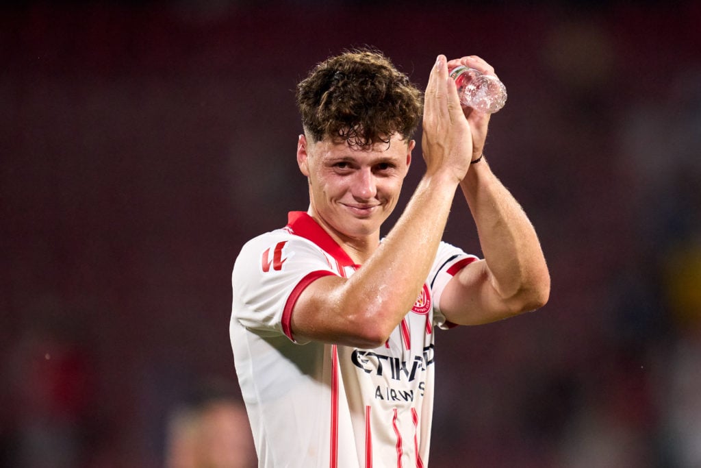 Ladislav Krejci of Girona FC acknowledges the supporters following the team's defeat during the LaLiga EA Sports match between Girona FC and Rayo Vallecano de Madrid