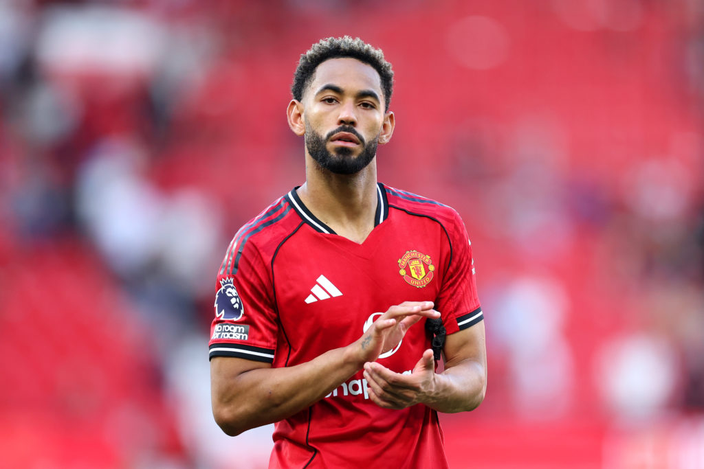 Matheus Cunha, Manchester United player applauds the fans following the Premier League match between Manchester United and Arsenal at Old Trafford