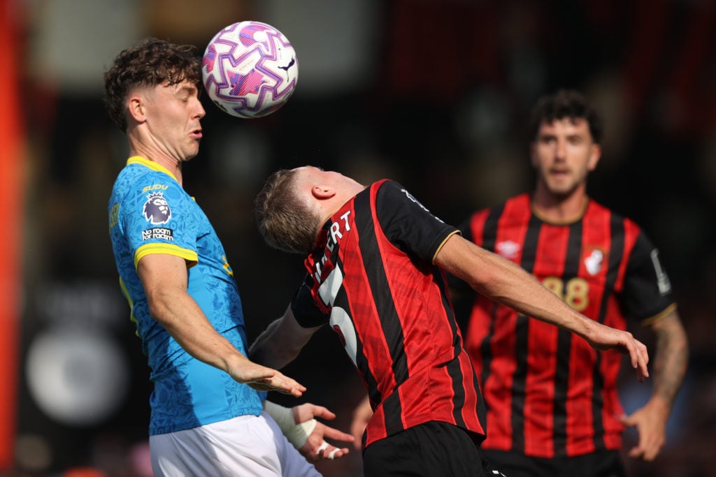 Jorgen Strand Larsen of Wolverhampton Wanderers gets his head to the ball before Adrien Truffert of Bournemouth during the Premier League match between Bournemouth and Wolverhampton Wanderers at Vitality Stadium