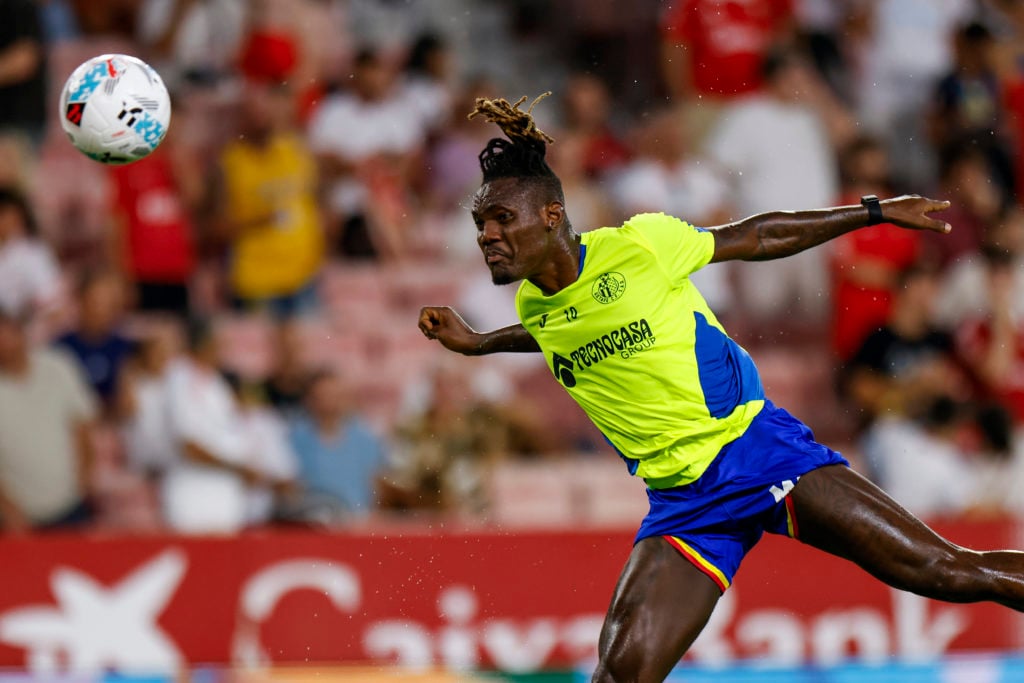 Christantus Uche of Getafe CF is in action during the La Liga EA Sports match between Sevilla FC and Getafe CF