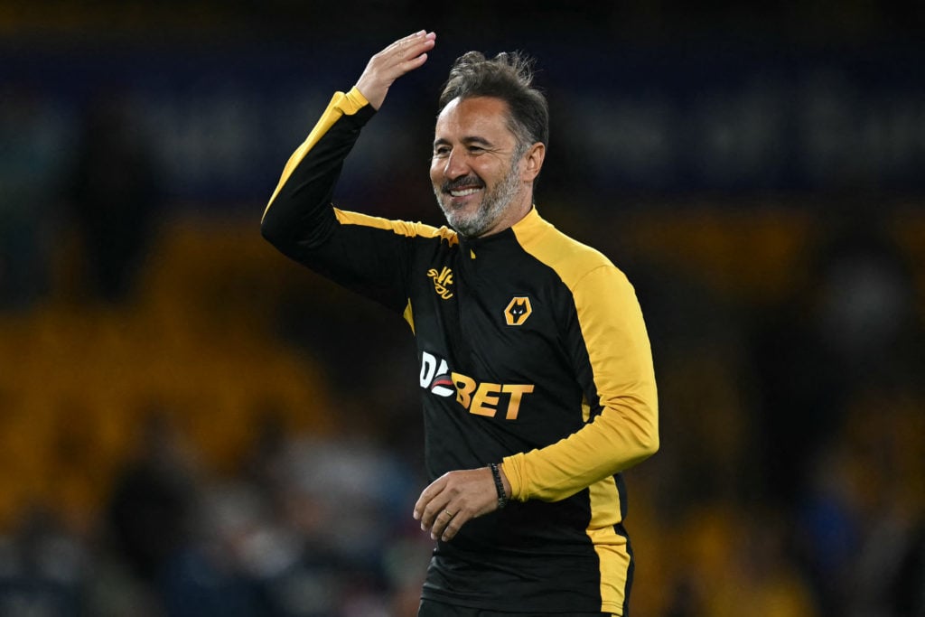 Wolverhampton Wanderers' Portuguese head coach Vitor Pereira celebrates on the pitch after the English League cup second round football match between Wolverhampton Wanderers and West Ham United at the Molineux stadium