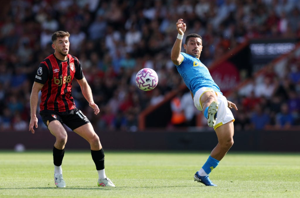 Andre of Wolverhampton Wanderers looks to control the ball under pressure from Ryan Christie of AFC Bournemouth during the Premier League match between Bournemouth and Wolverhampton Wanderers at Vitality Stadium on August 23, 2025 in Bournemouth