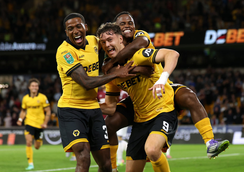 Jorgen Strand Larsen of Wolverhampton Wanderers celebrates scoring his team's third goal