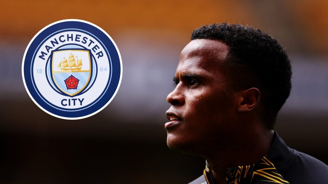 Jhon Arias looks on for Wolves (right), Manchester City badge (inset)