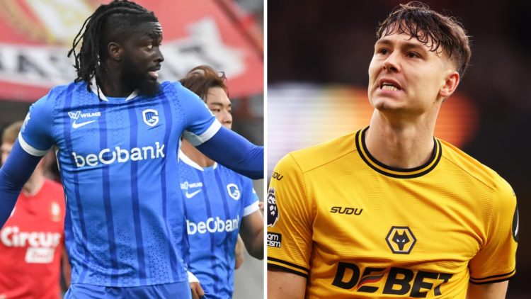 Left: Tolu Arokodare celebrating a goal for Genk Right: Jorgen Strand Larsen in action for Wolves