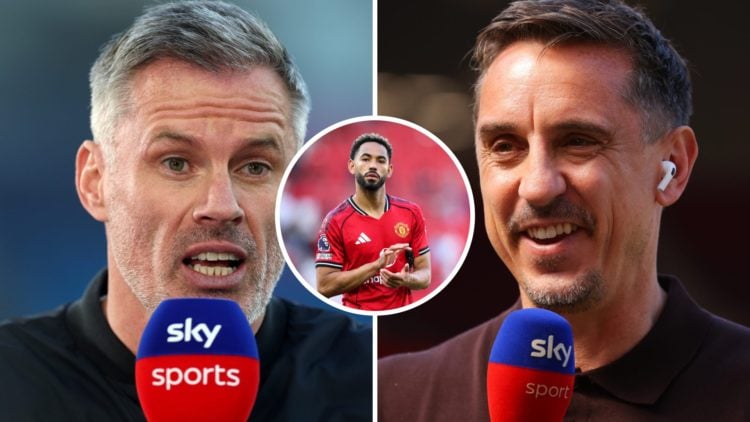Left: Jamie Carragher working as a pundit for Sky Sports Right: Gary Neville doing punditry work for Sky Sports Overlay: Matheus Cunha applauding M...