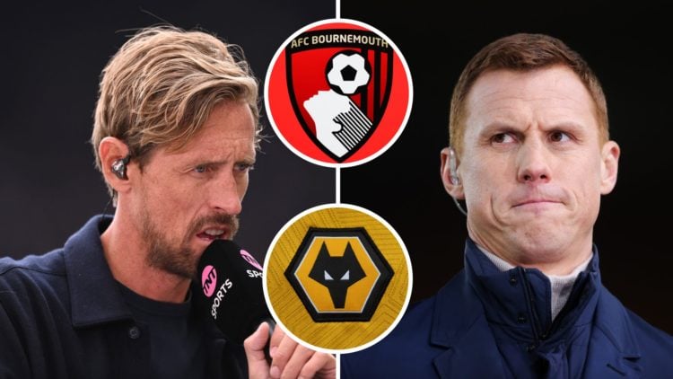 Left: Peter Crouch working for TNT Sports as a pundit Right: Steve Sidwell working as a pundit for TNT Sports Overlay: Wolves Badge Bournemouth Badge