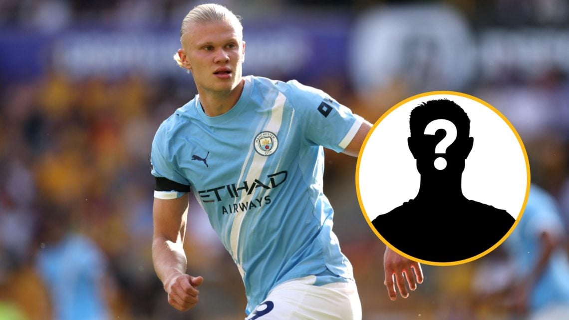 Erling Haaland playing against Wolves and a mystery player (right)