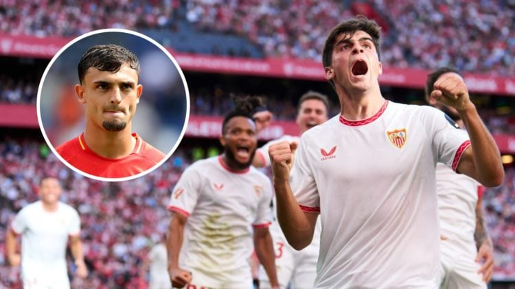 Juanlu Sanchez celebrates after scoring for Sevilla (right), Marc Pubill playing for Spain U21s (inset)