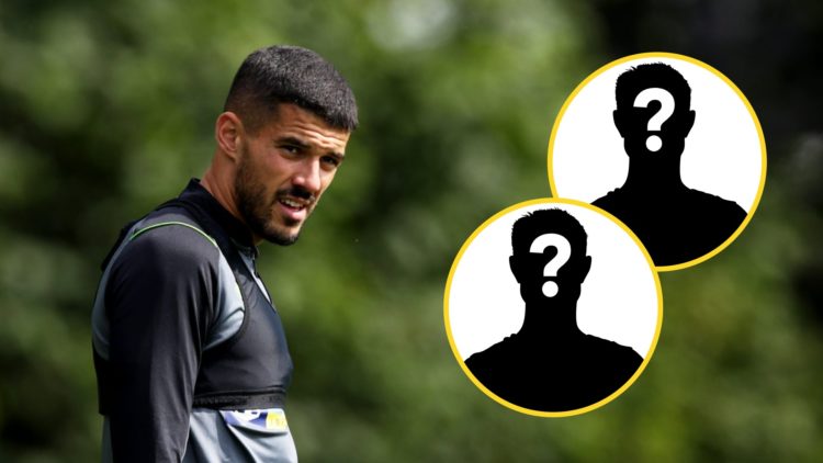 Conor Coady in Wolves training (left), mystery player (both insets)