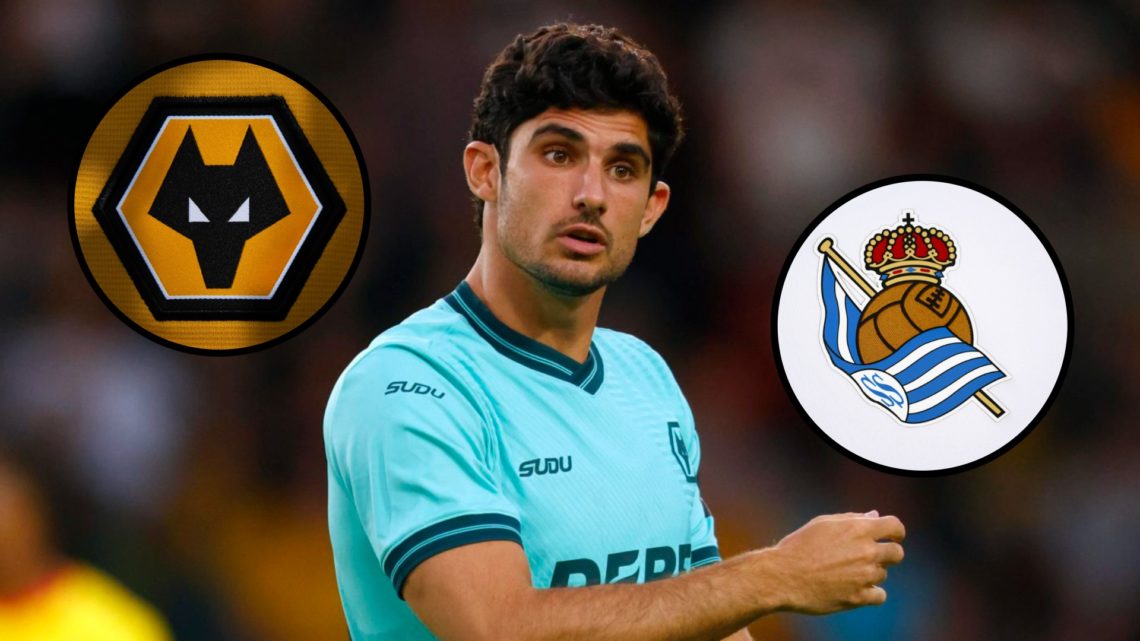 Goncalo Guedes playing for Wolves (central), Wolves badge (left inset), Real Sociedad (right inset)