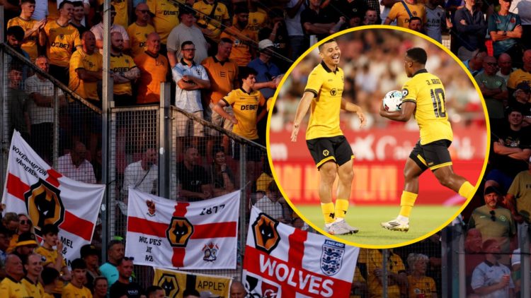 Wolves fans show their support during the pre-season friendly match against Girona, inset, Jhon Arias after scoring during the pre-season friendly ...