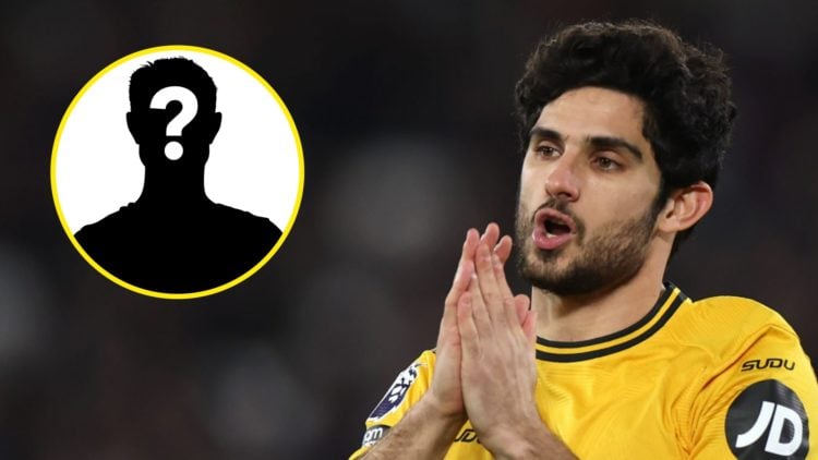 Goncalo Guedes clasps his hands for Wolves (right), mystery player (inset)