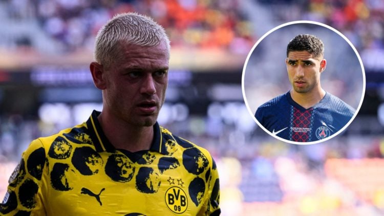 Julian Ryerson playing for Borussia Dortmund (left), Achraf Hakimi (inset)