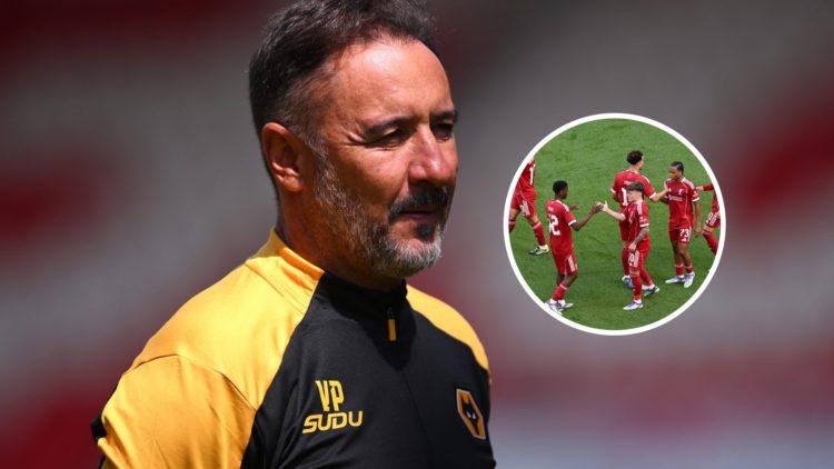 An image of Vitor Pereira with an inset of Ben Doak surrounded by Liverpool teammates