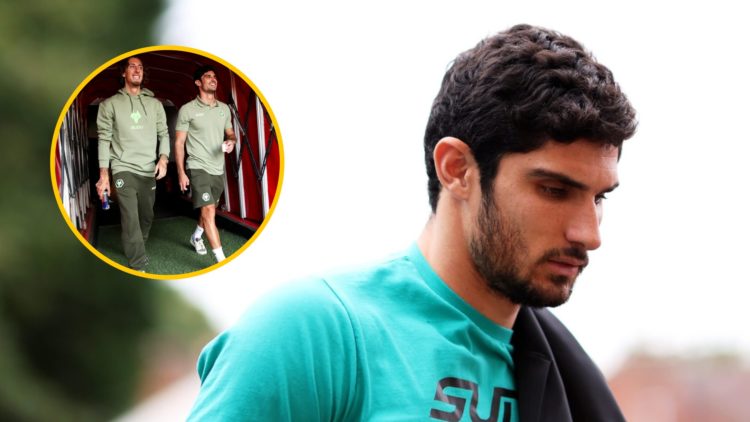 Goncalo Guedes ahead of the Premier League match between Wolverhampton Wanderers and Liverpool, inset, Fabio Silva and Goncalo Guedes prior to the ...