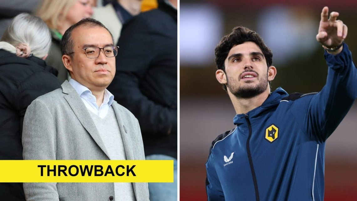 Wolves chairman Jeff Shi looks on at Molineux (left), Goncalo Guedes pointing (right)