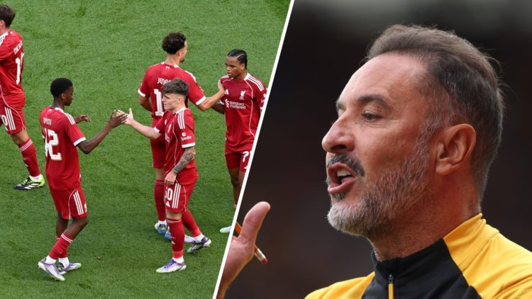 Ben Doak celebrates with his Liverpool teammates (left), Wolves manager Vitor Pereira shouts (right)